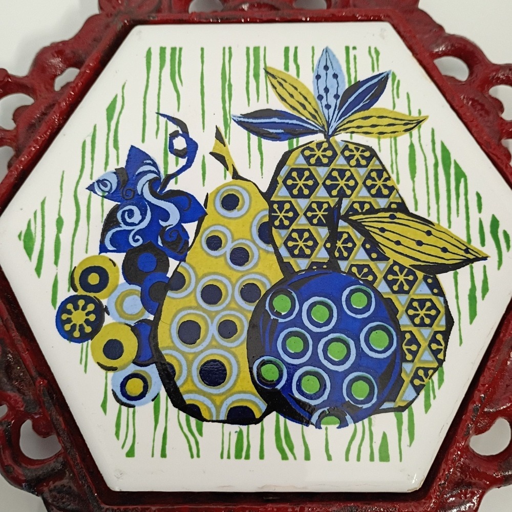 Ceramic Tile Cast Iron Hot Plate Trivet Fruit Retro Wall Hanging -Blue Green Red - Picture 2 of 7